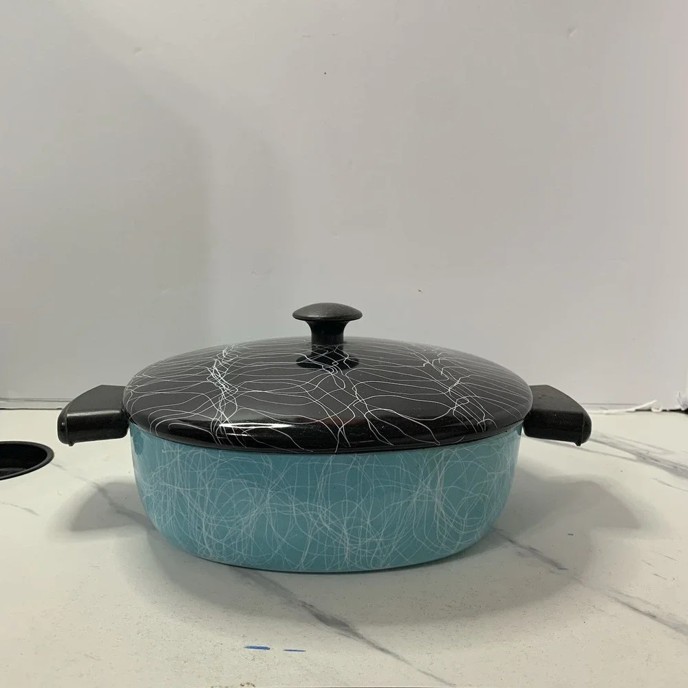 1950's Serendipity Turquoise Pot Enamelware Black Lid Spaghetti Drizzle -8